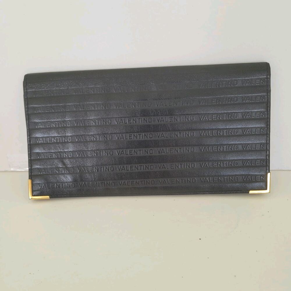 Valentino Unisex Bifold Card Holder Checkbook Black Wallet Long Leather Vintage